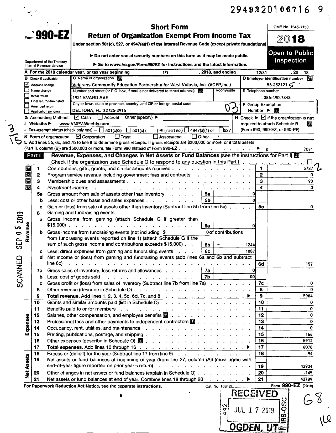 Image of first page of 2018 Form 990EZ for Veterans Community Education Partnership for West Volusia