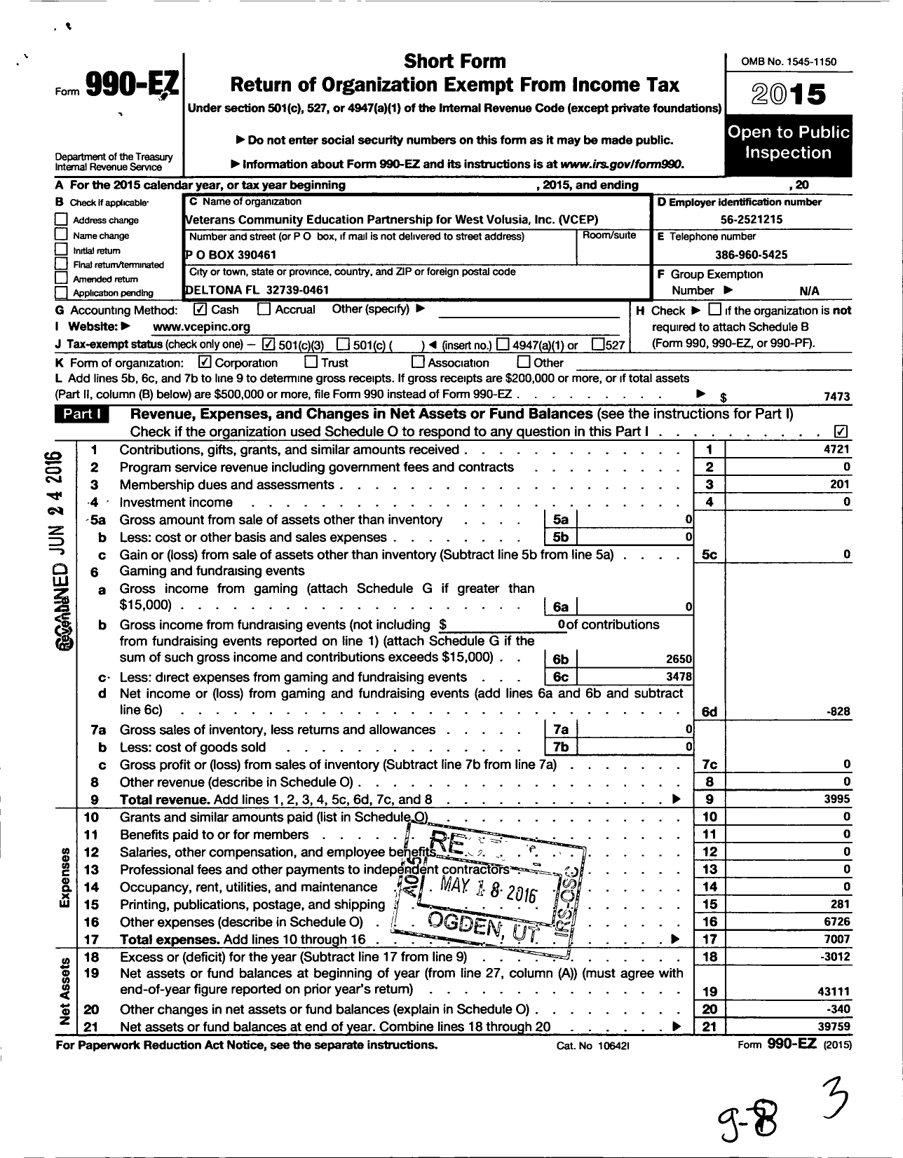 Image of first page of 2015 Form 990EZ for Veterans Community Education Partnership for West Volusia