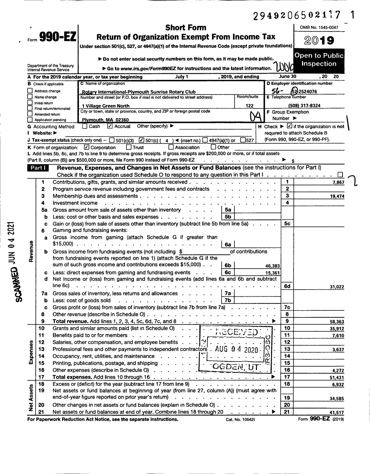 Image of first page of 2019 Form 990EO for Rotary International - Plymouth Sunrise Rotary Club