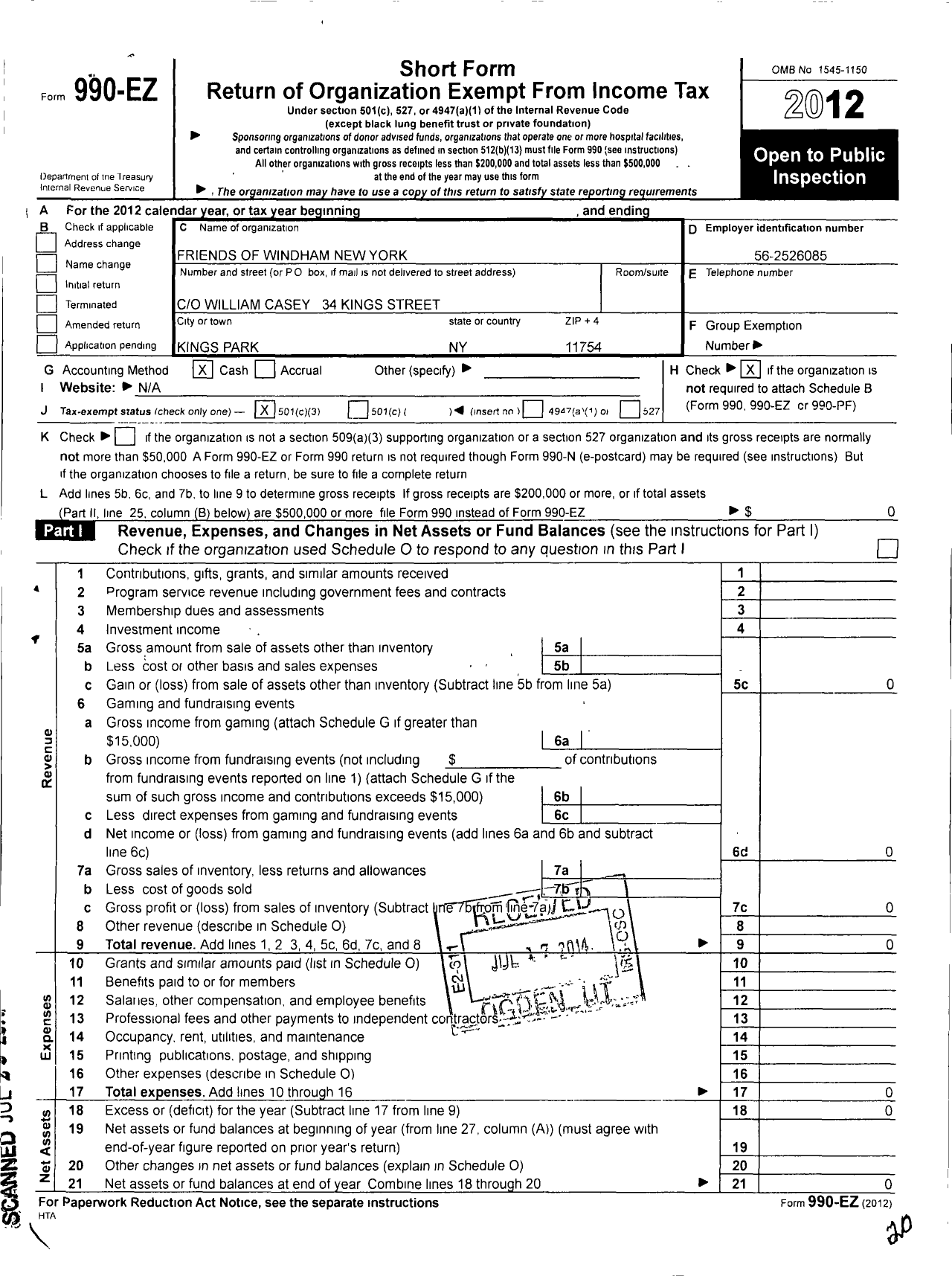 Image of first page of 2012 Form 990EZ for Friends of Windham New York