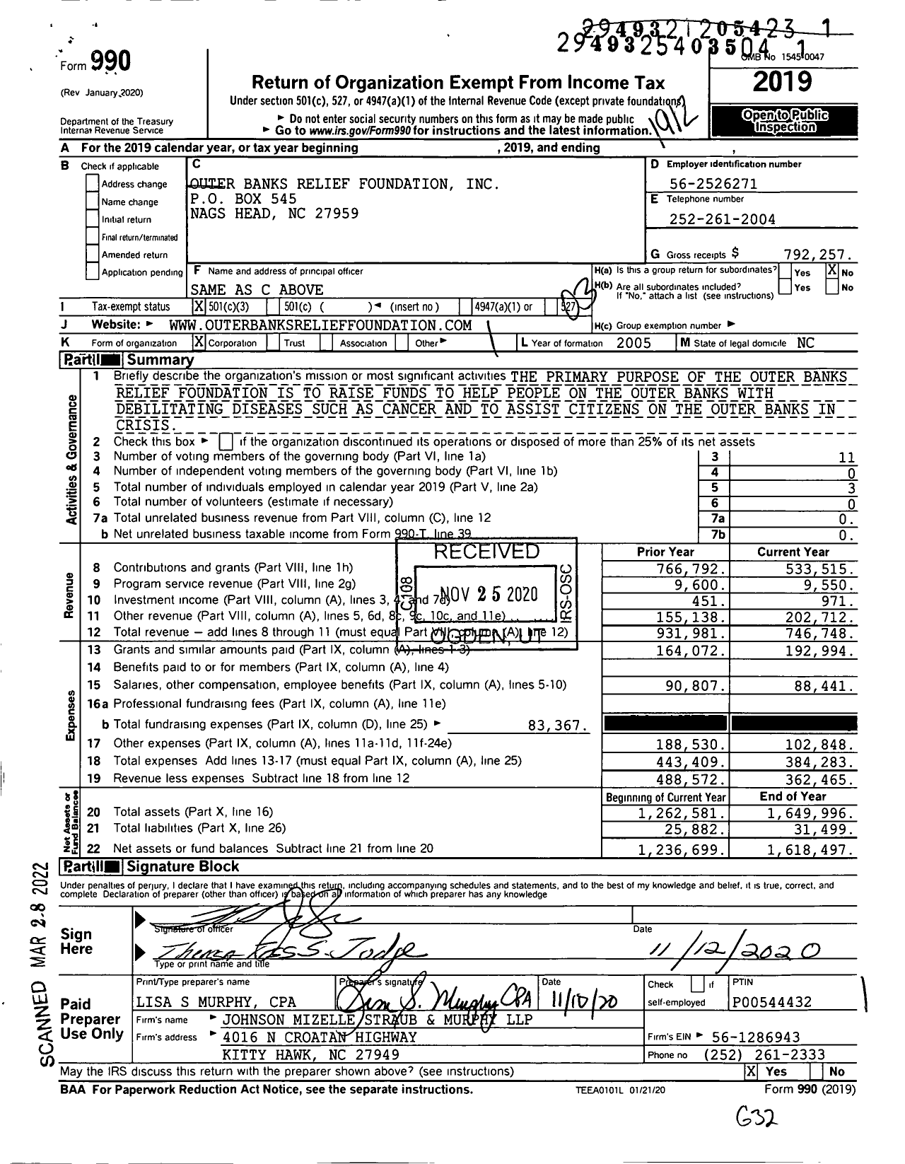 Image of first page of 2019 Form 990 for Outer Banks Relief Foundation