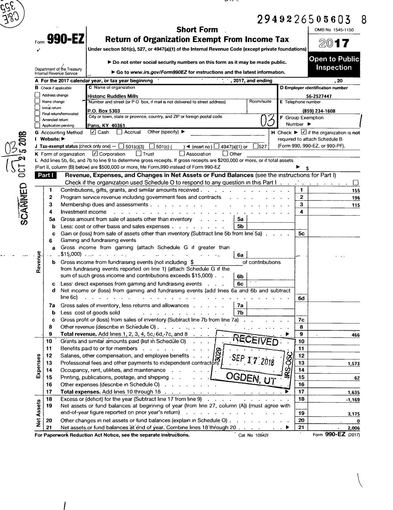 Image of first page of 2017 Form 990EZ for Historic Ruddles Mills