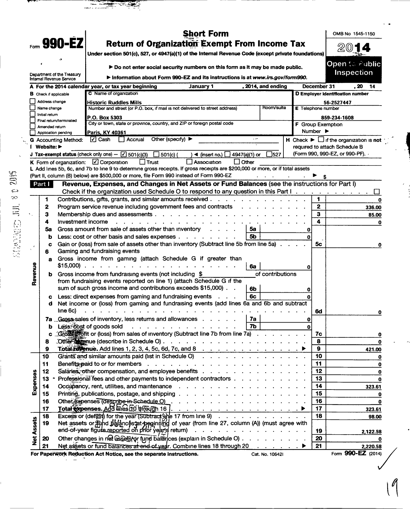 Image of first page of 2014 Form 990EZ for Historic Ruddles Mills