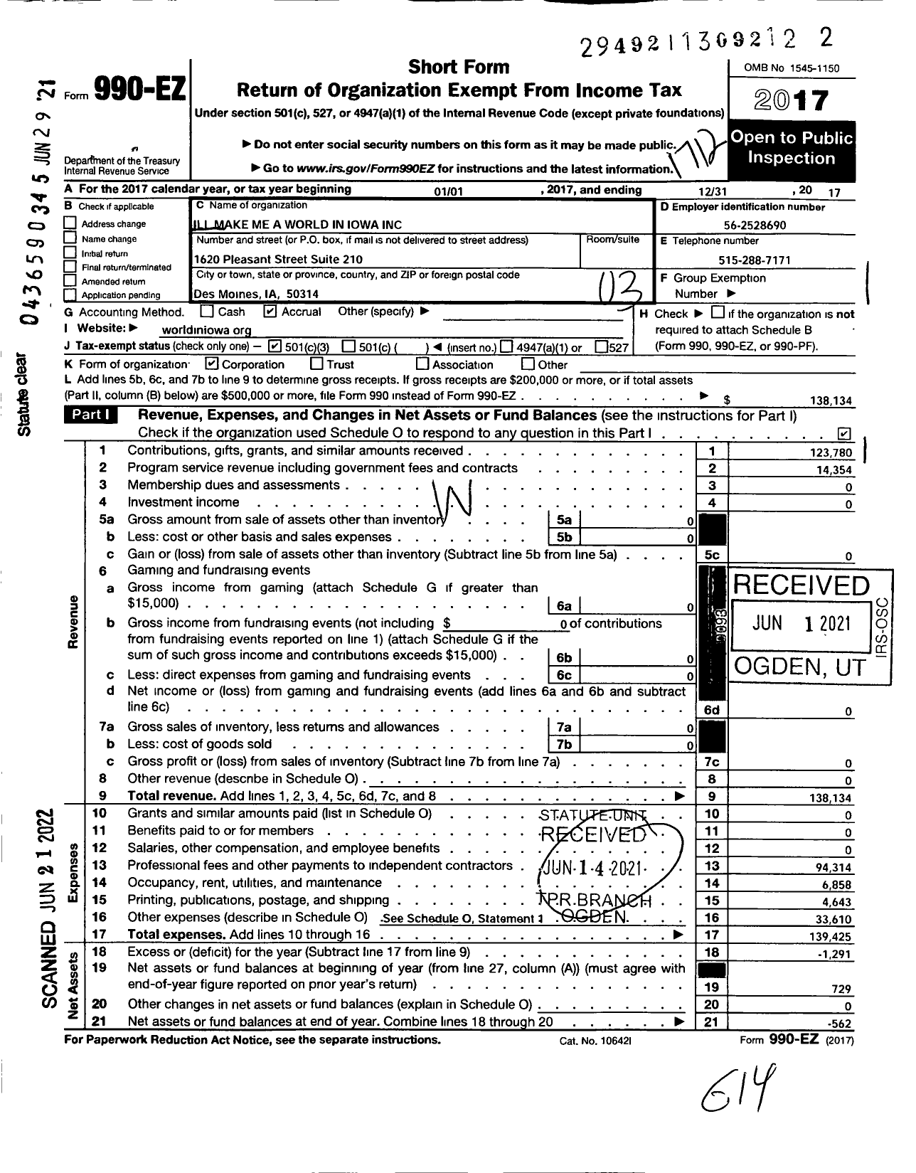 Image of first page of 2017 Form 990EZ for Ill Make Me A World in Iowa