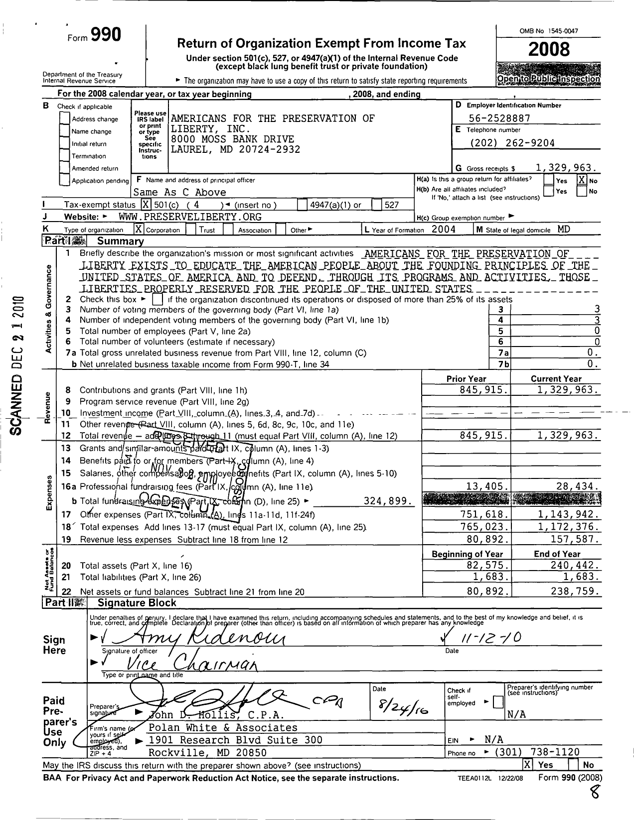 Image of first page of 2008 Form 990O for Americans for the Preservation of Liberty