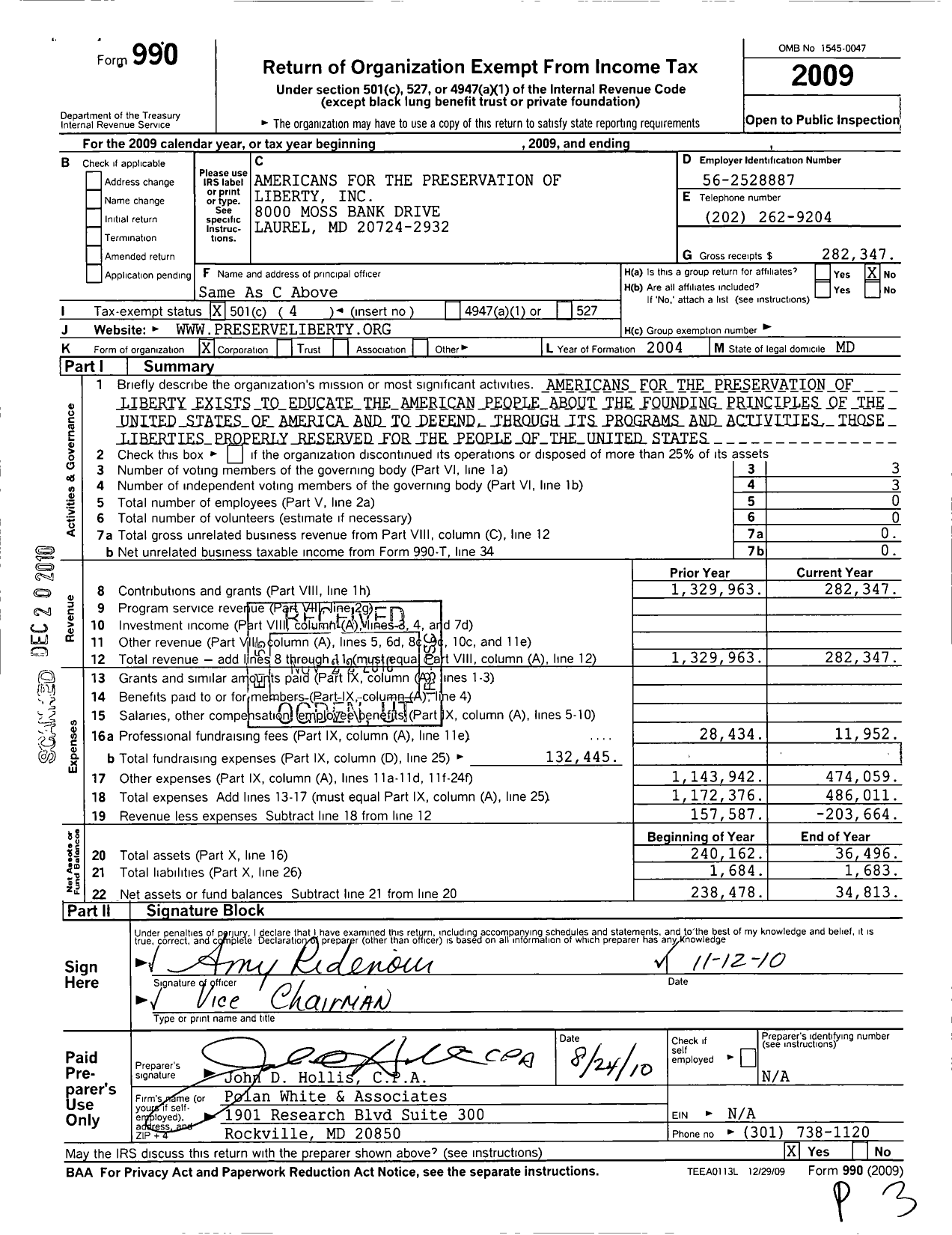 Image of first page of 2009 Form 990O for Americans for the Preservation of Liberty