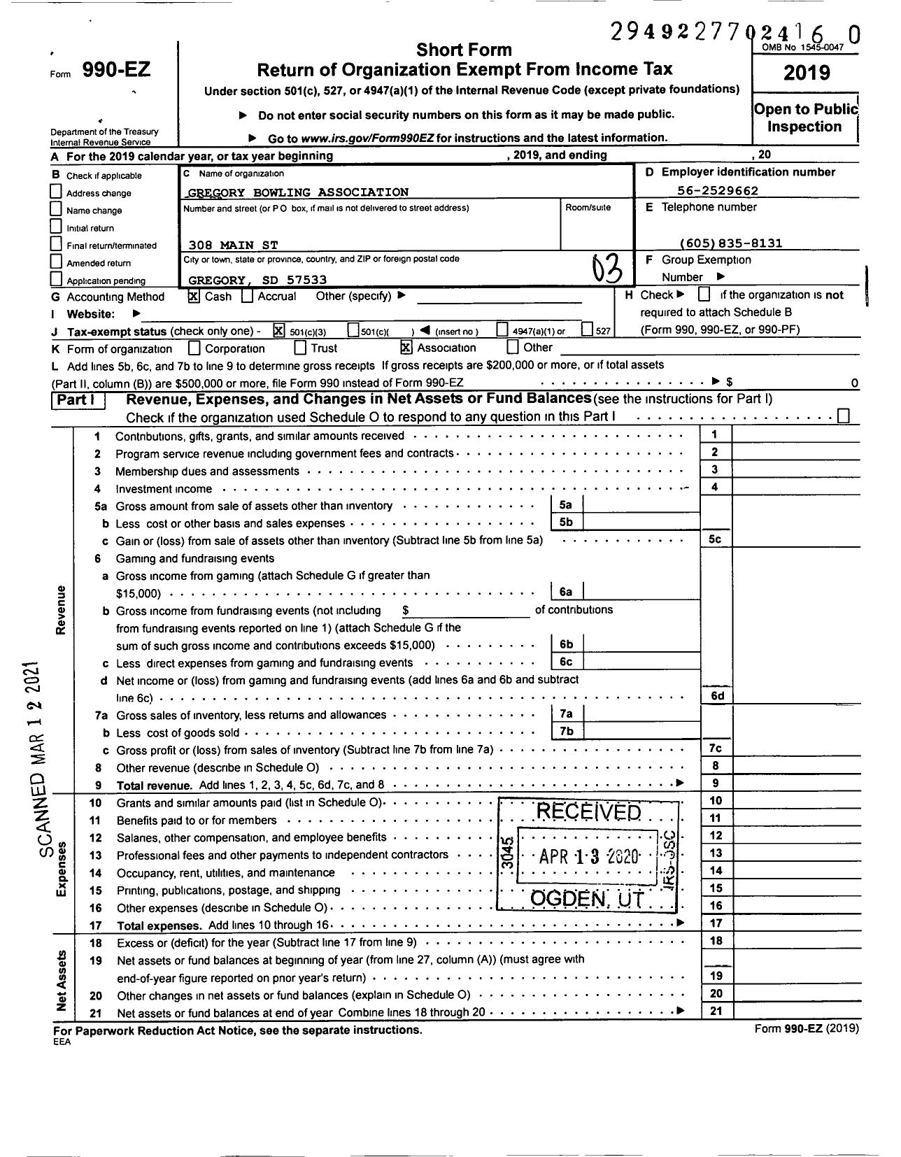 Image of first page of 2019 Form 990EZ for United States Bowling Congress - 80514 Gregory Usbc