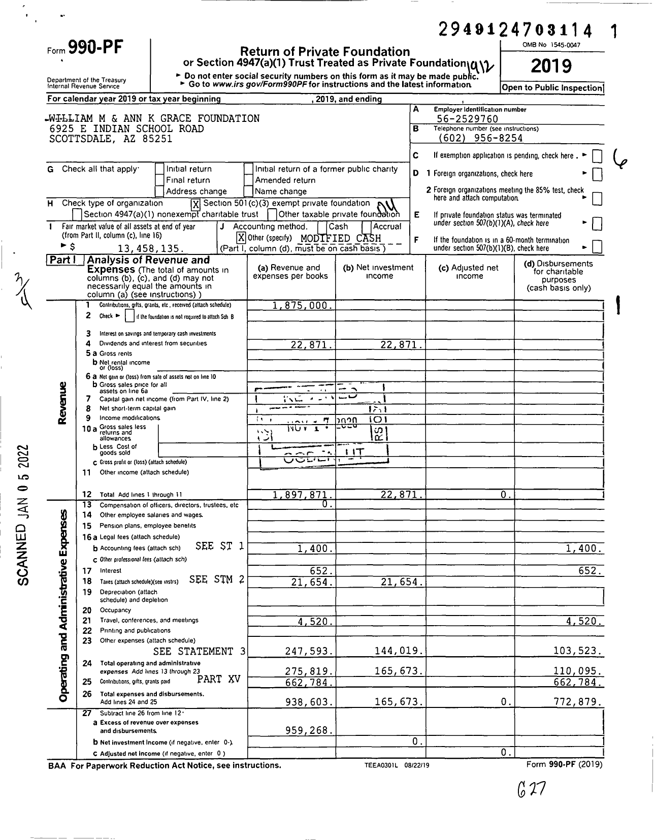 Image of first page of 2019 Form 990PF for William M and Ann K Grace Foundation