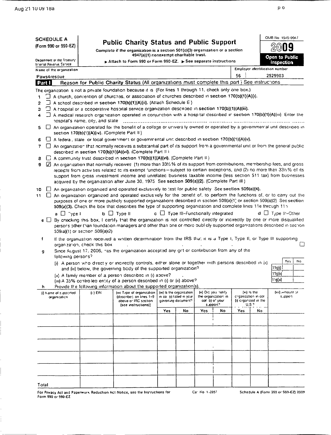 Image of first page of 2009 Form 990ER for Paws 4 Rescue