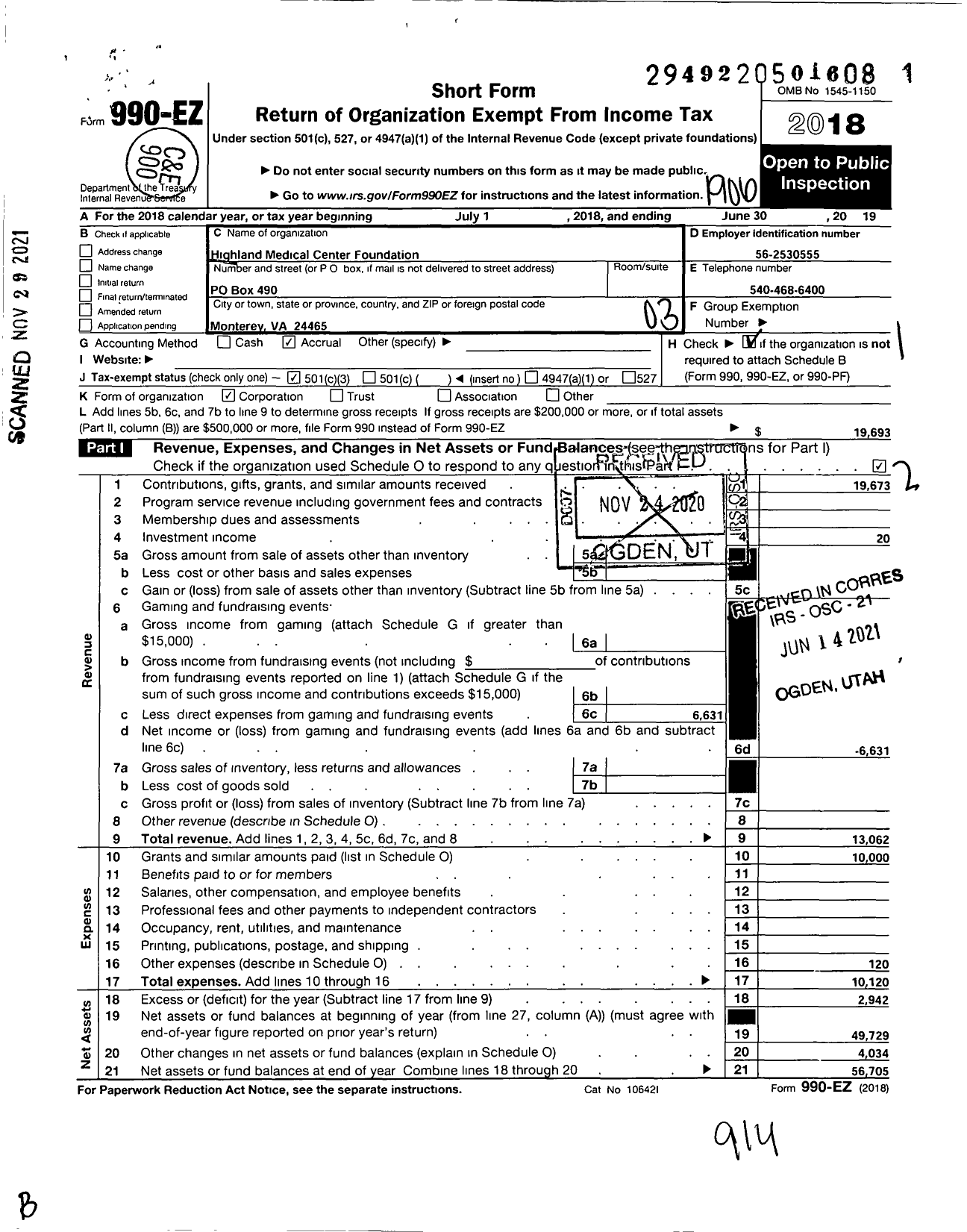 Image of first page of 2018 Form 990EZ for Highland Medical Center Foundation