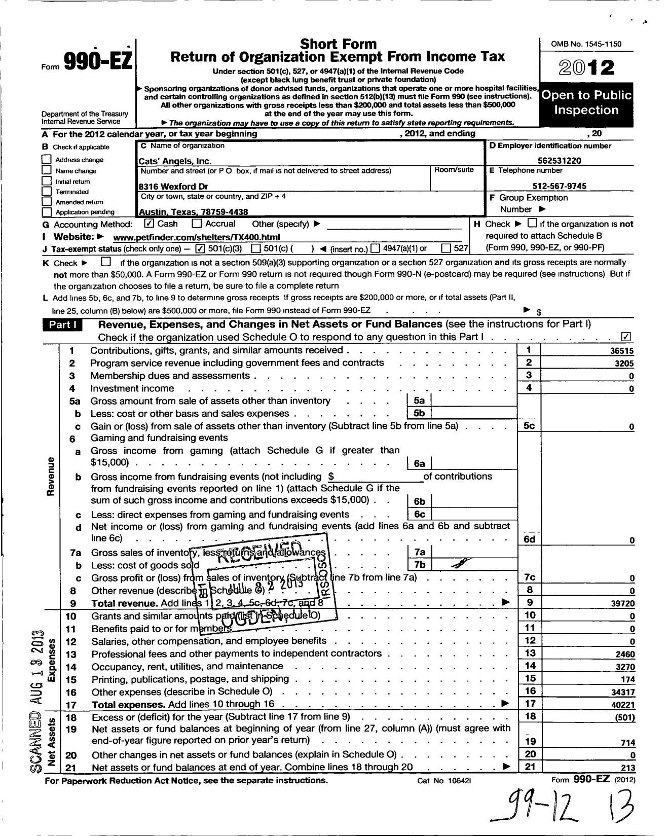 Image of first page of 2012 Form 990EZ for Cats Angels