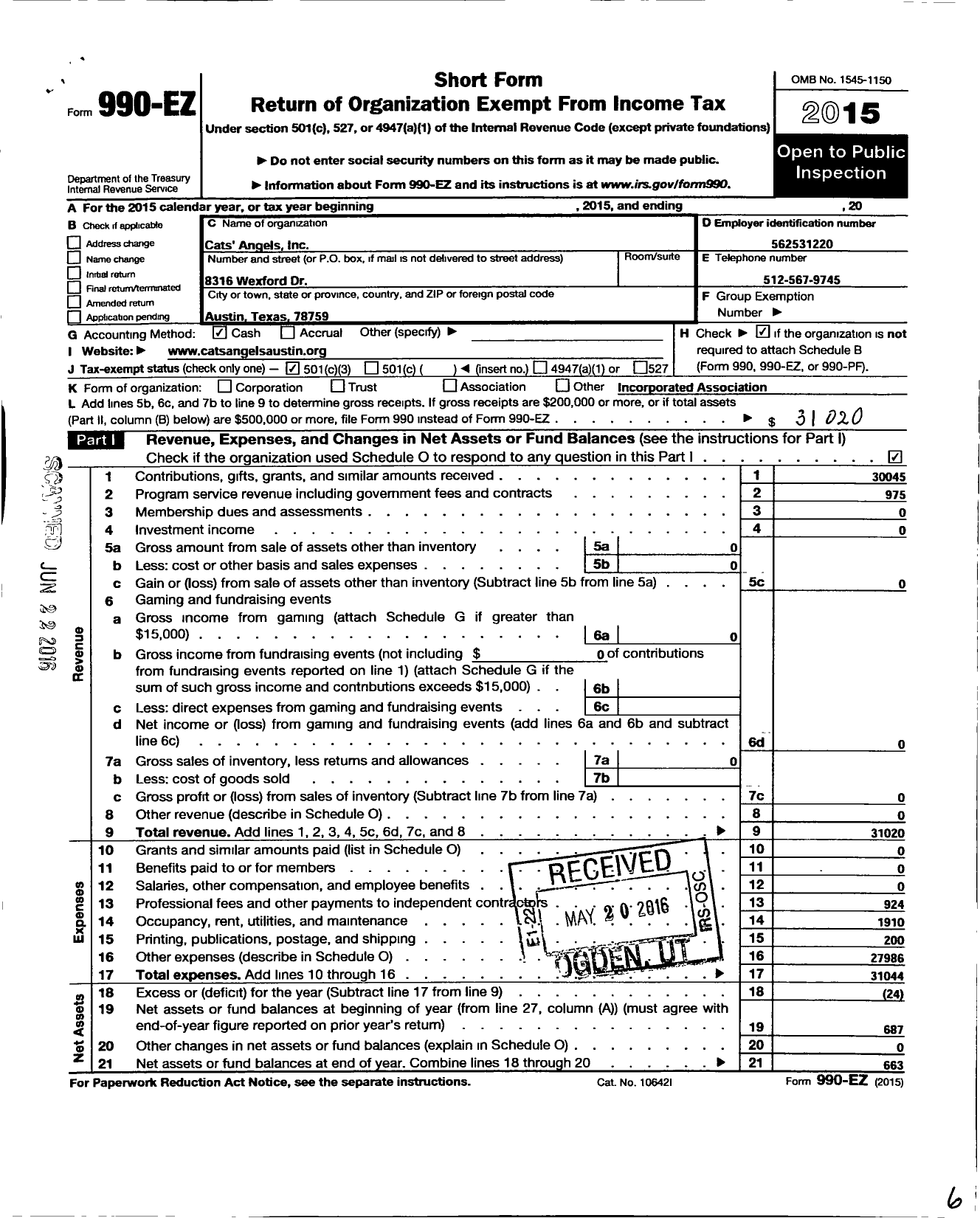 Image of first page of 2015 Form 990EZ for Cats Angels