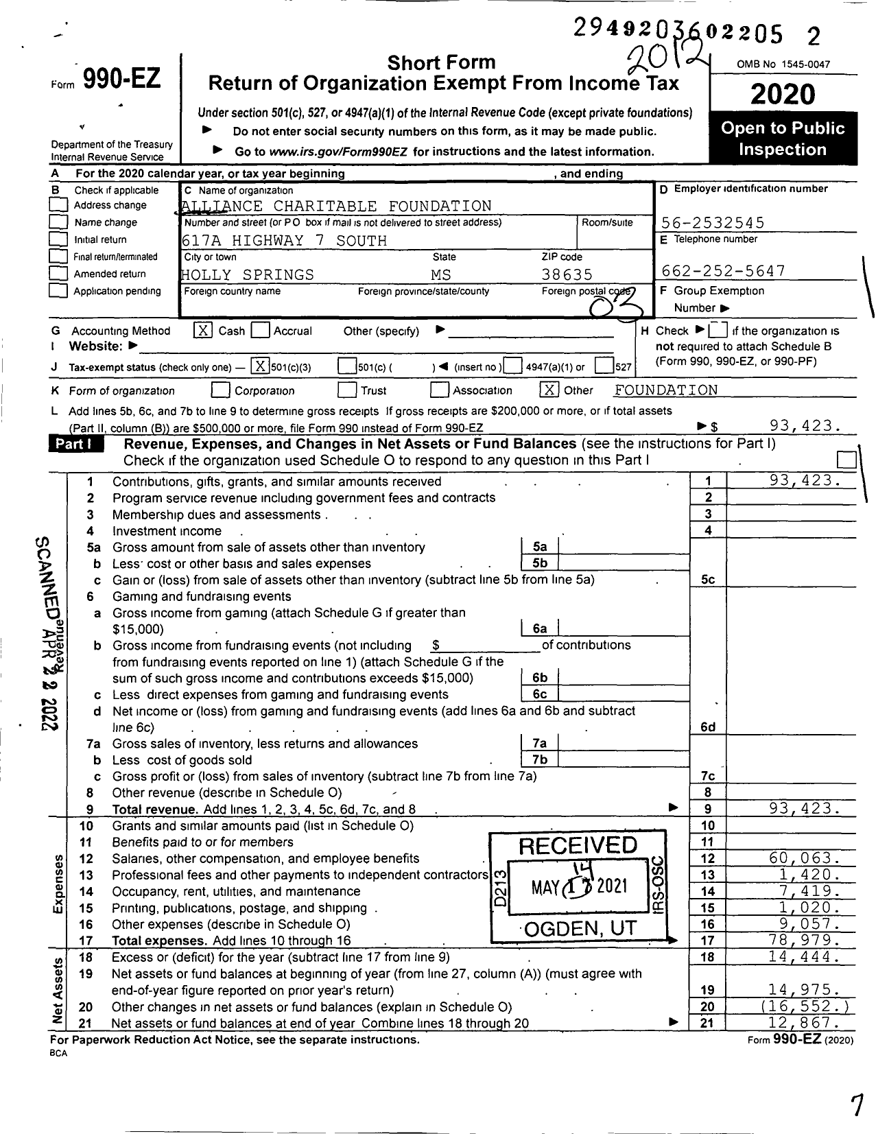 Image of first page of 2020 Form 990EZ for Alliance Charitable Foundation of Marshall County