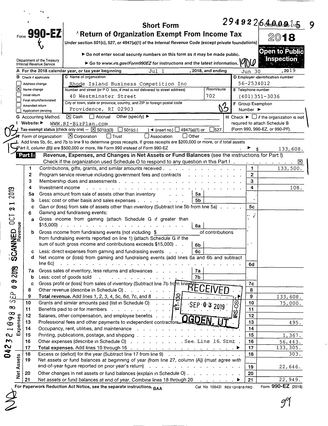 Image of first page of 2018 Form 990EZ for Rhode Island Business Competition