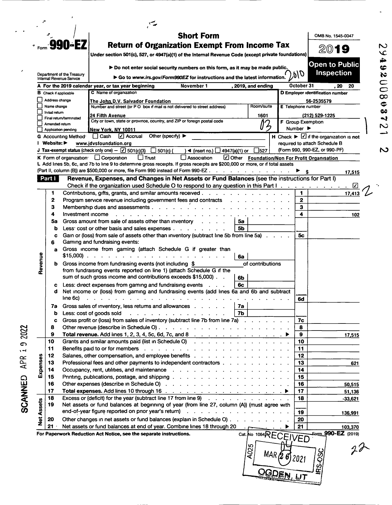 Image of first page of 2019 Form 990EZ for The John DV Salvador Foundation