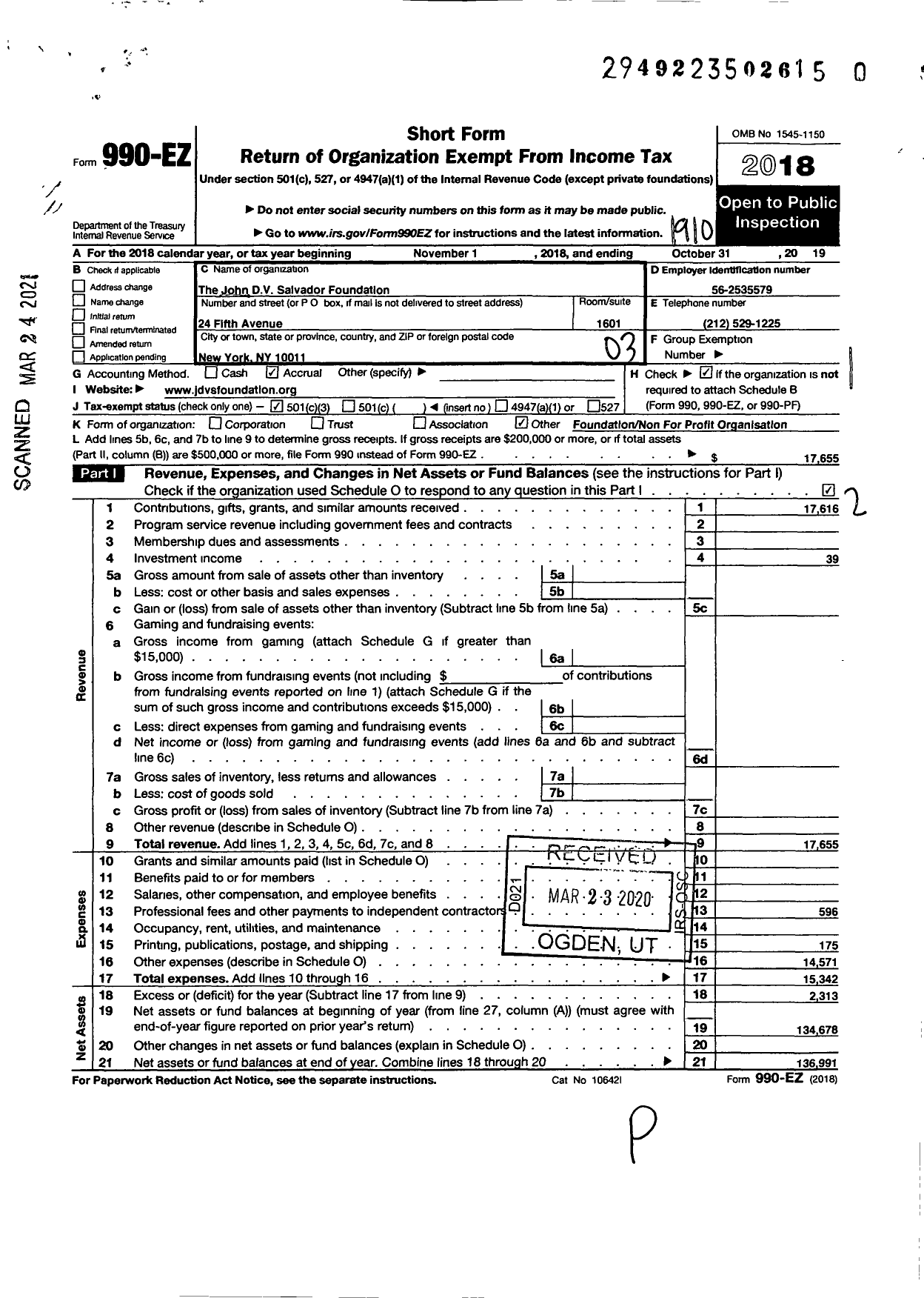 Image of first page of 2018 Form 990EZ for The John DV Salvador Foundation