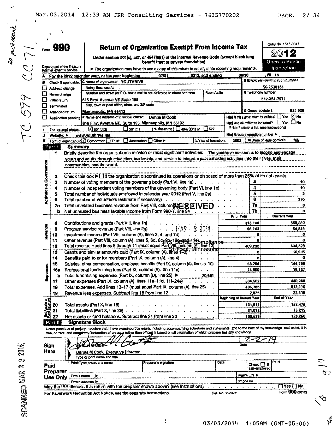 Image of first page of 2012 Form 990 for Youthrive