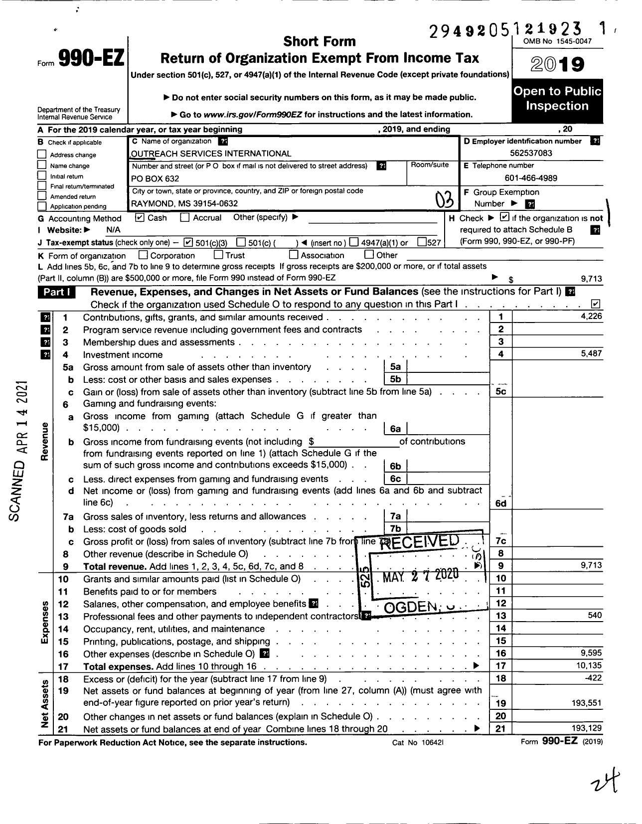 Image of first page of 2019 Form 990EZ for Outreach Services International