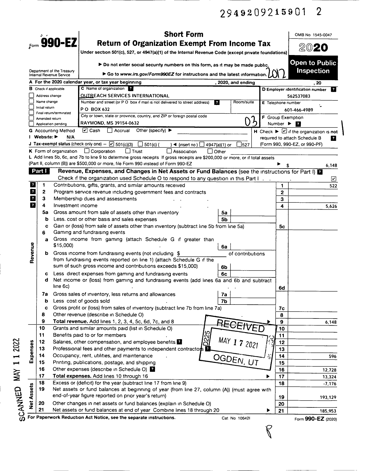 Image of first page of 2020 Form 990EZ for Outreach Services International