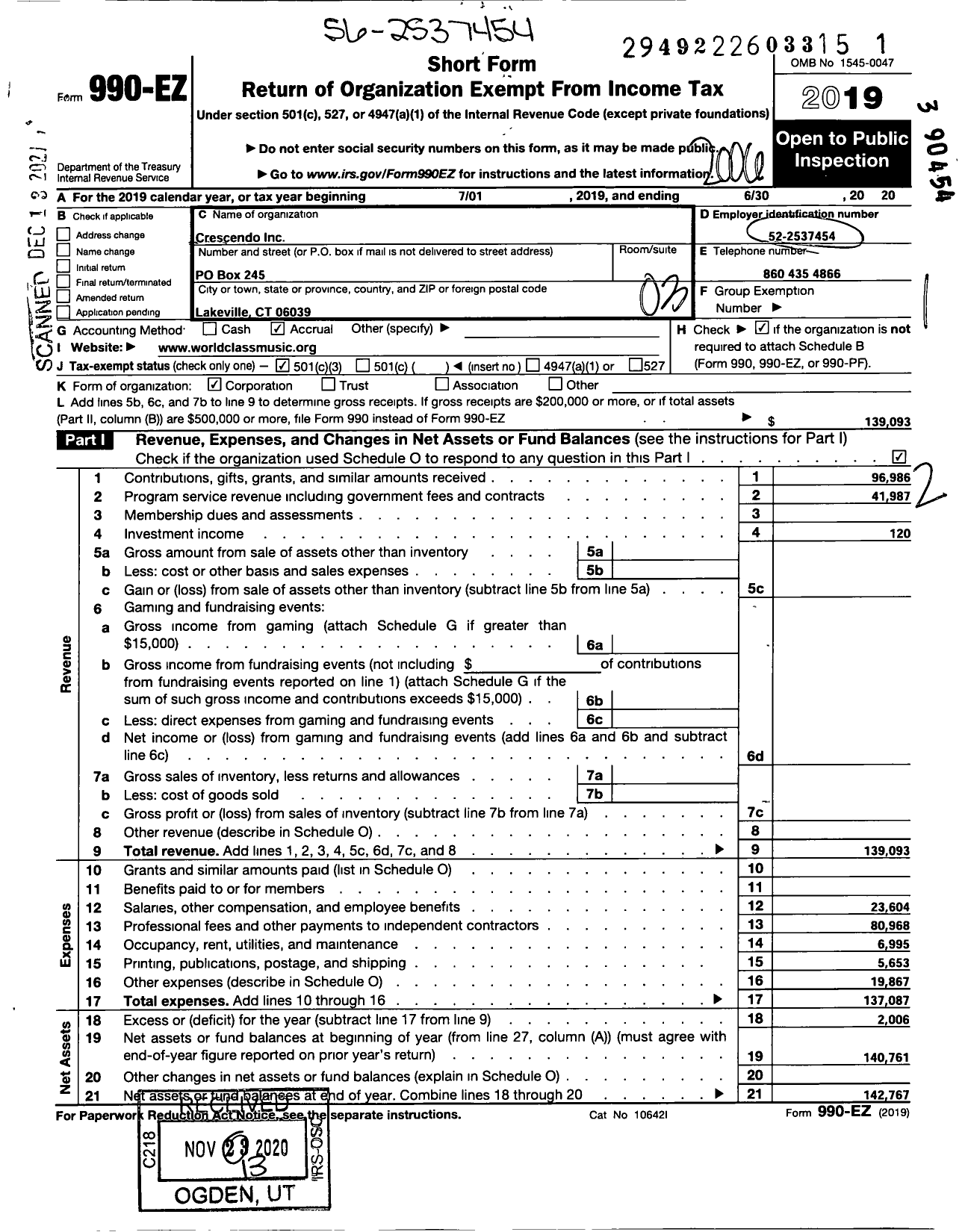 Image of first page of 2019 Form 990EZ for Crescendo