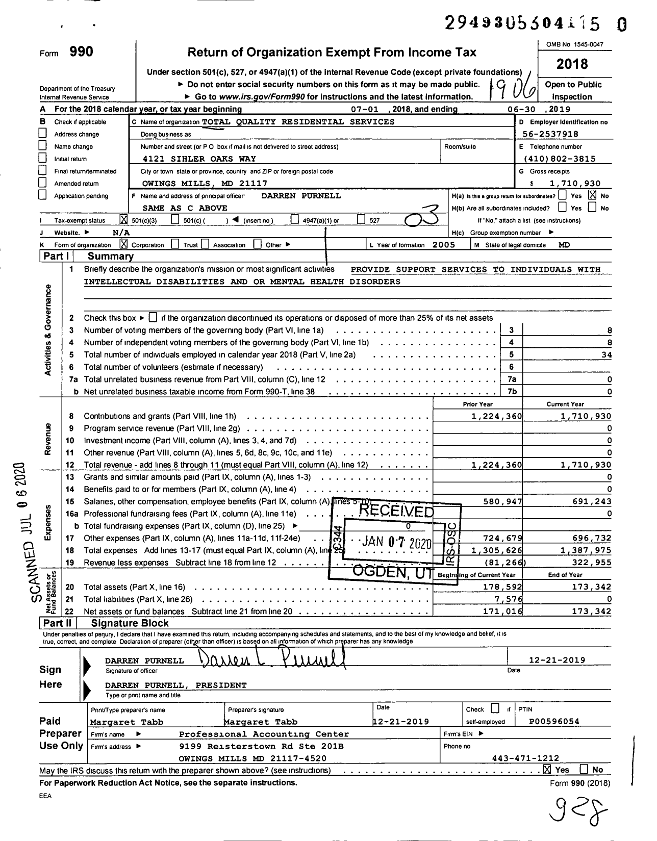 Image of first page of 2018 Form 990 for Total Quality Residential Services