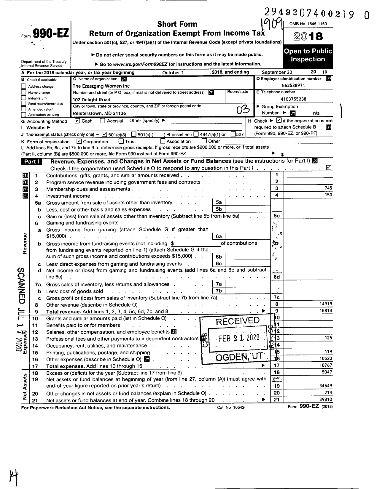 Image of first page of 2018 Form 990EZ for The Emerging Women