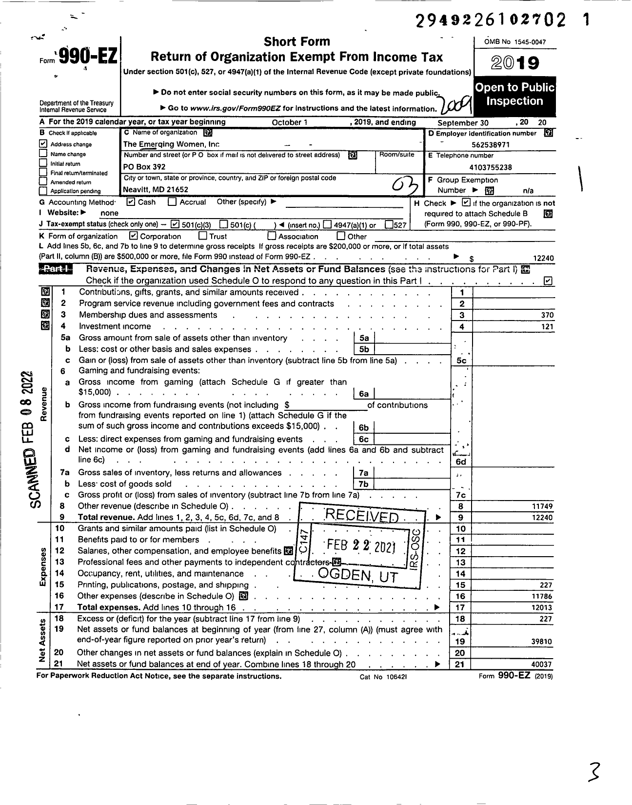 Image of first page of 2019 Form 990EZ for The Emerging Women