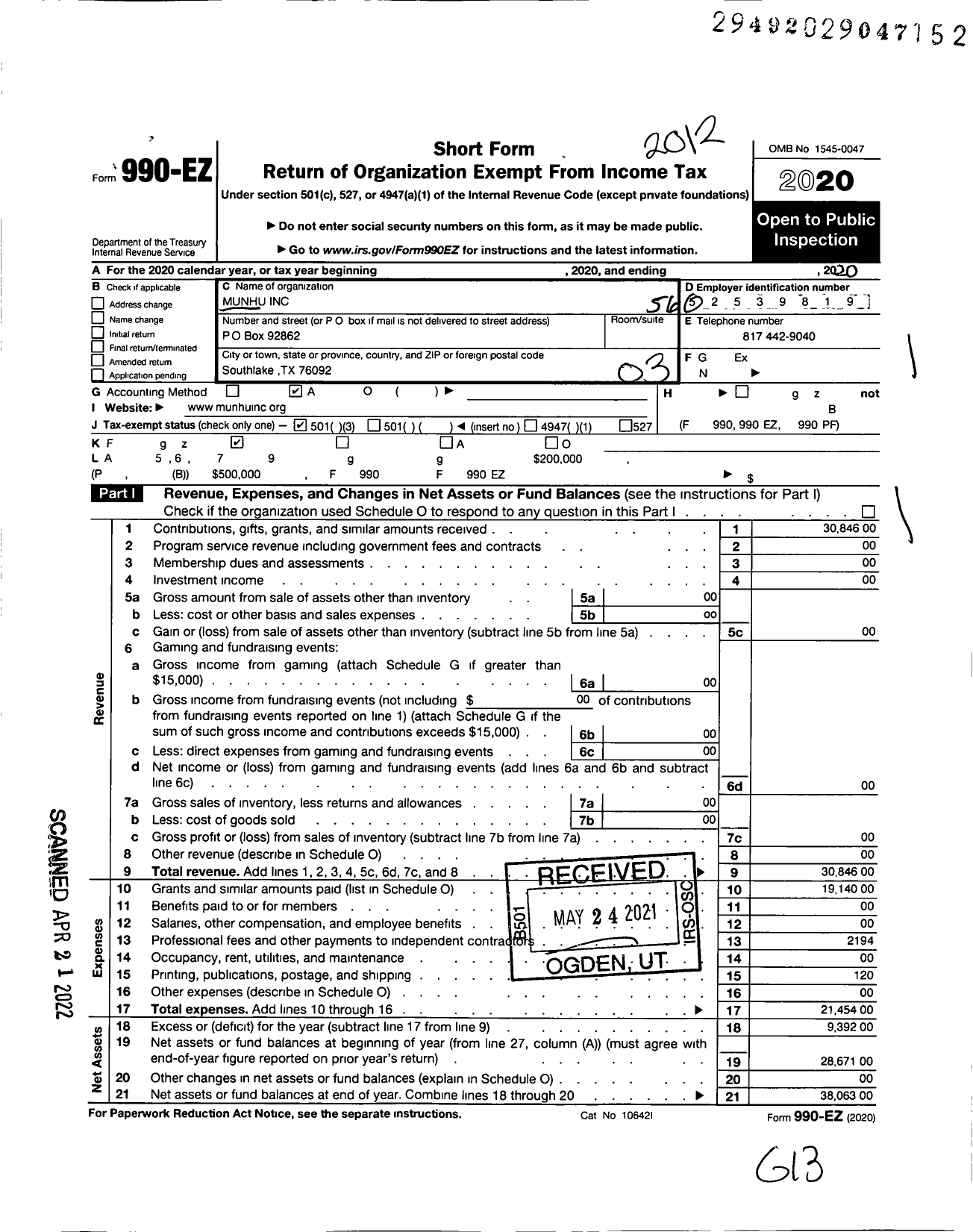 Image of first page of 2020 Form 990EZ for Munhu