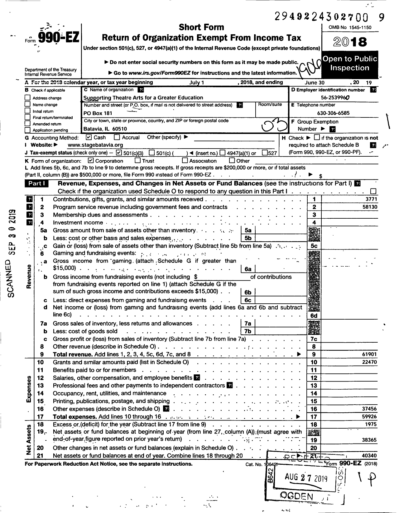 Image of first page of 2018 Form 990EZ for Supporting Theatre Arts for A Greater Education