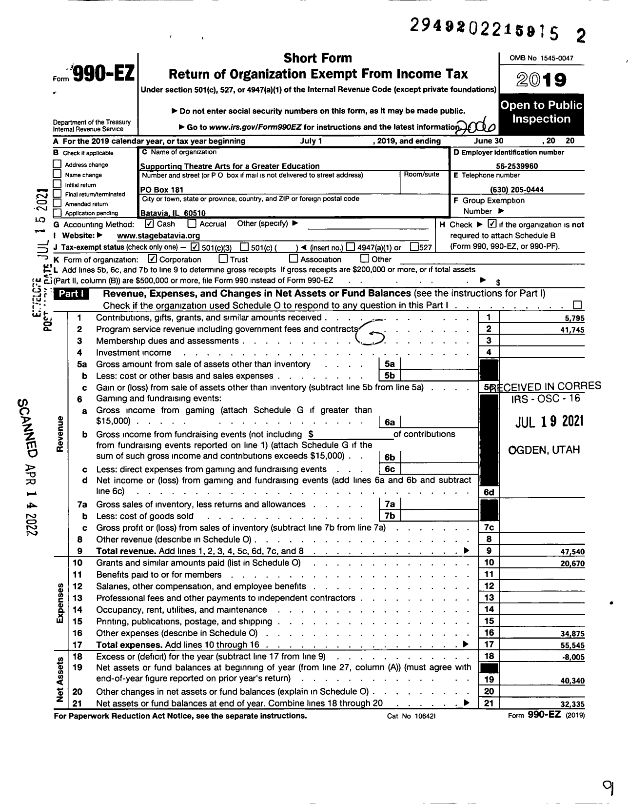 Image of first page of 2019 Form 990EZ for Supporting Theatre Arts for A Greater Education