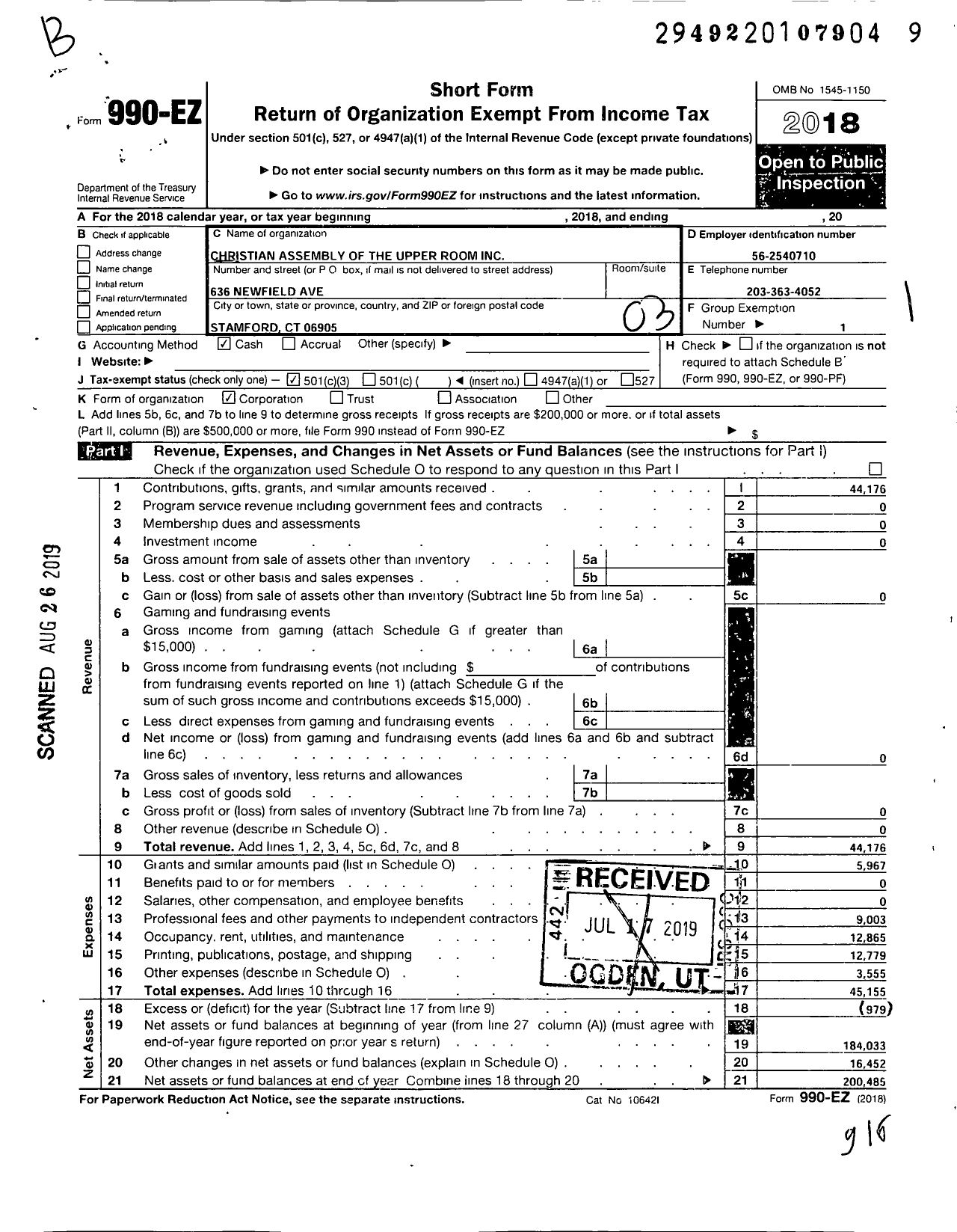 Image of first page of 2018 Form 990EZ for Christian Assembly of the Upper Room