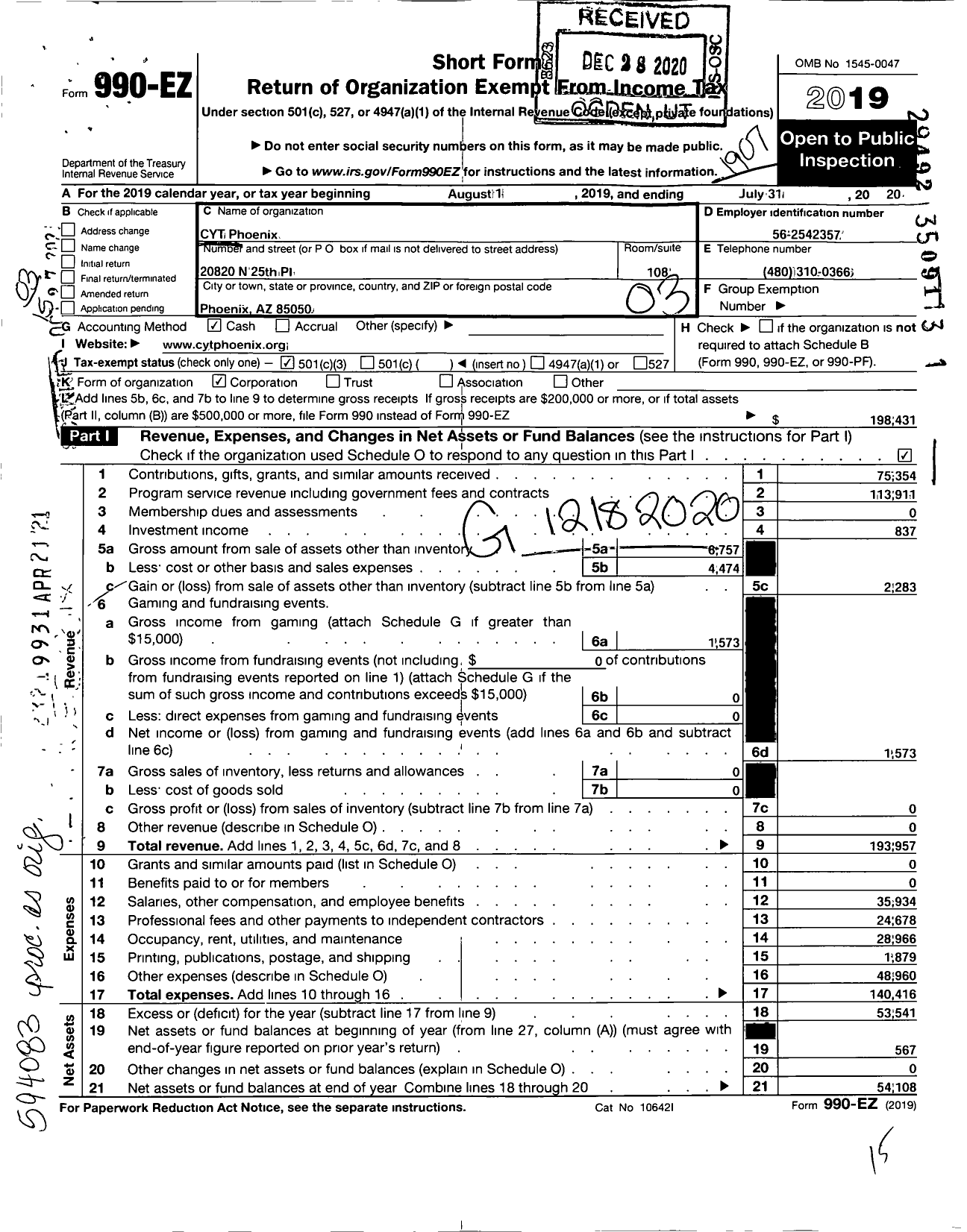 Image of first page of 2018 Form 990EZ for Cyt Phoenix