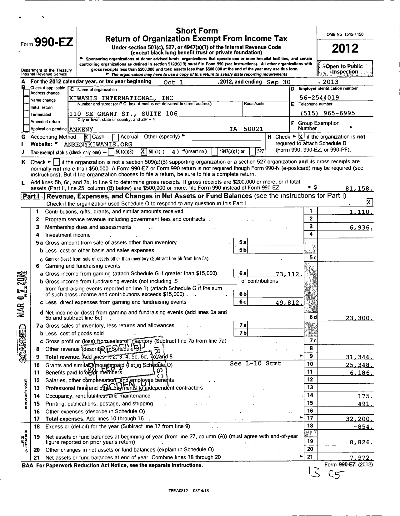 Image of first page of 2012 Form 990EO for Kiwanis International - K17249 Ankeny