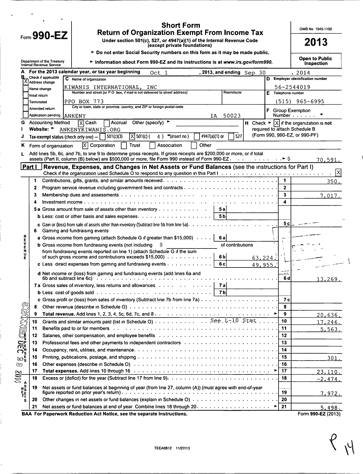 Image of first page of 2013 Form 990EO for Kiwanis International - K17249 Ankeny