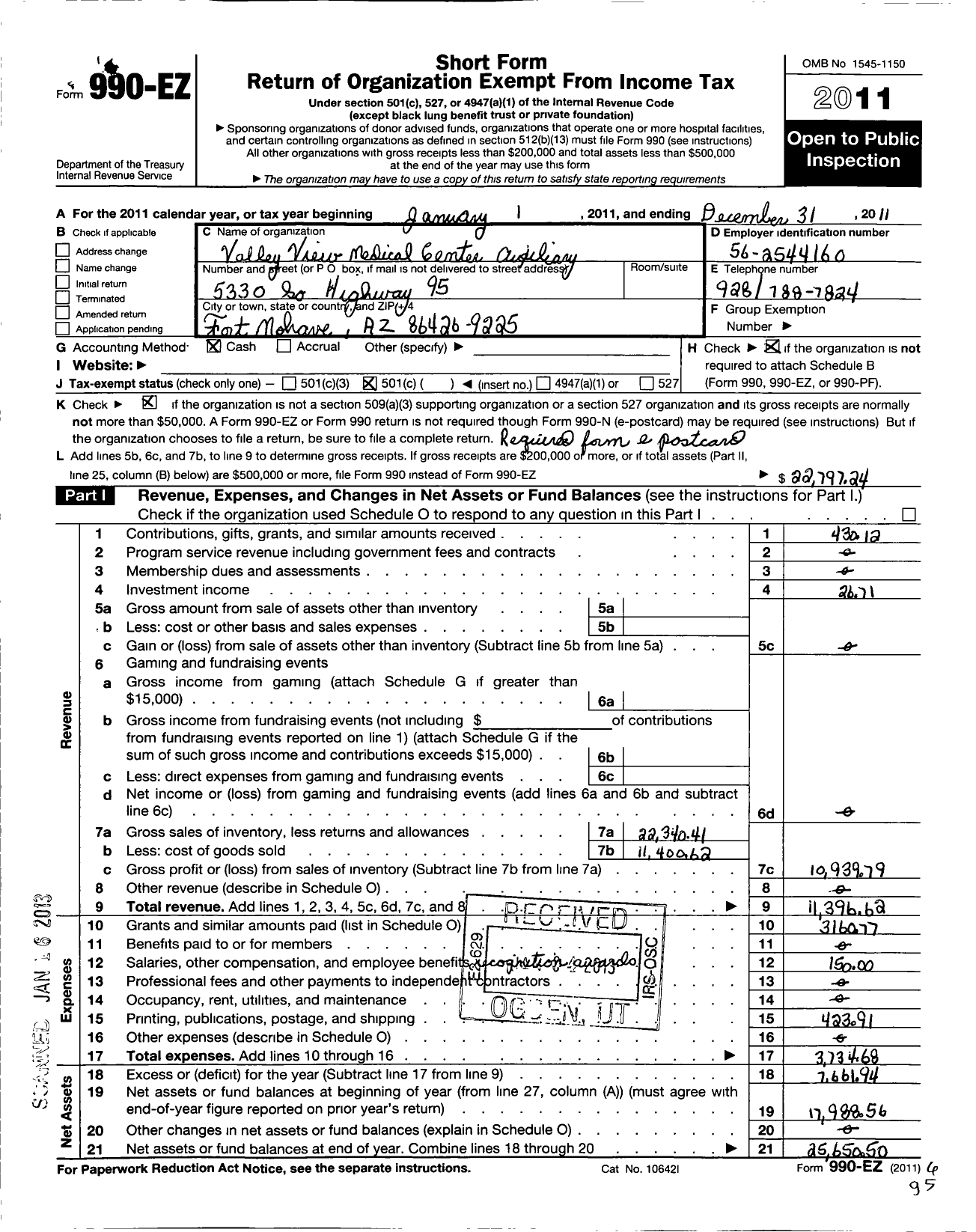 Image of first page of 2011 Form 990EO for Valley View Medical Center Auxiliary