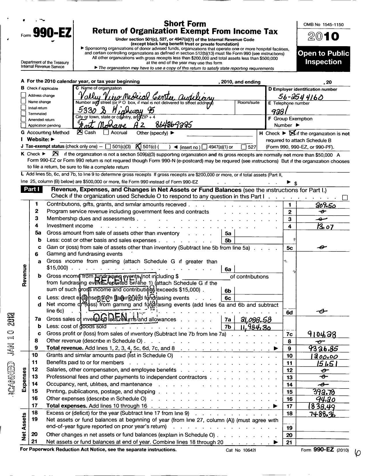 Image of first page of 2010 Form 990EO for Valley View Medical Center Auxiliary