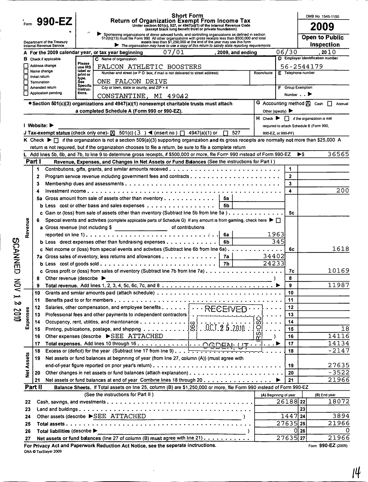 Image of first page of 2009 Form 990EZ for Falcon Athletic Boosters