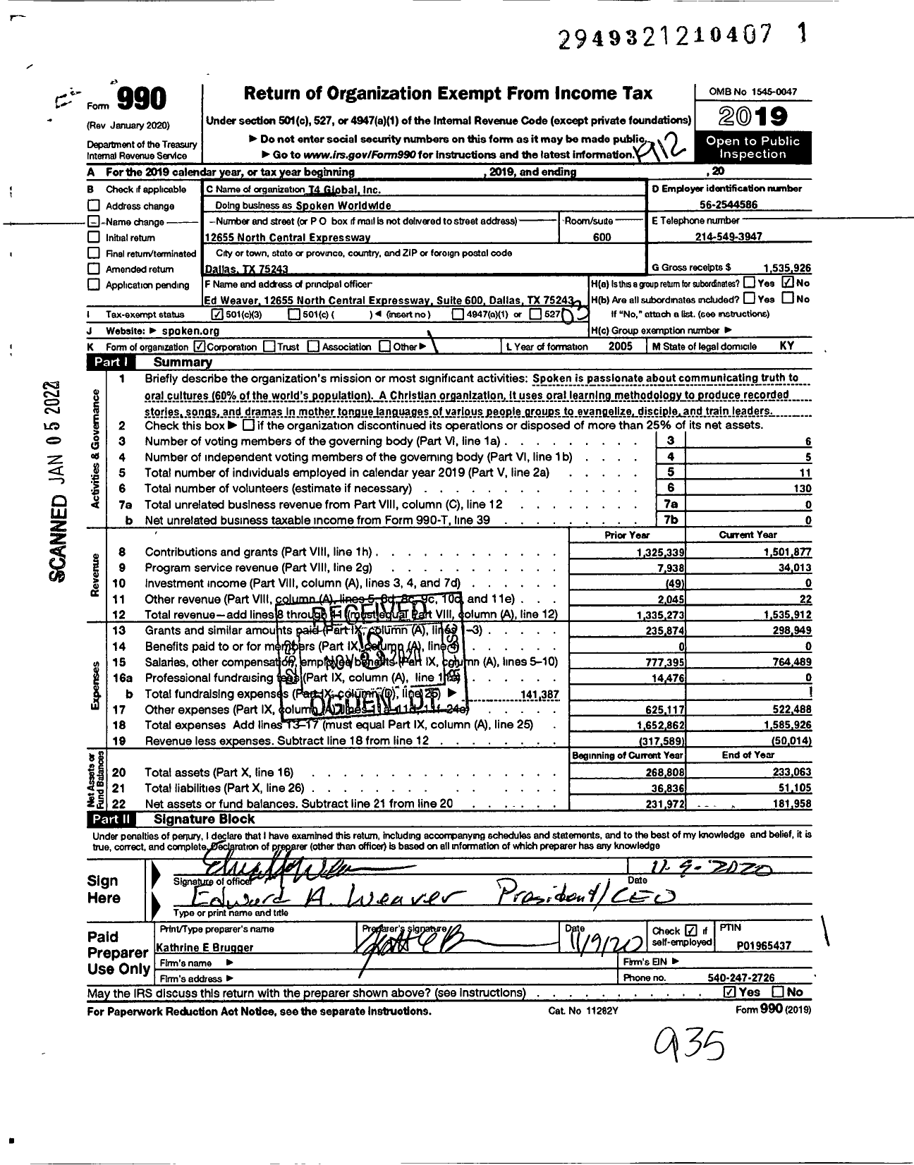 Image of first page of 2019 Form 990 for Spoken Worldwide