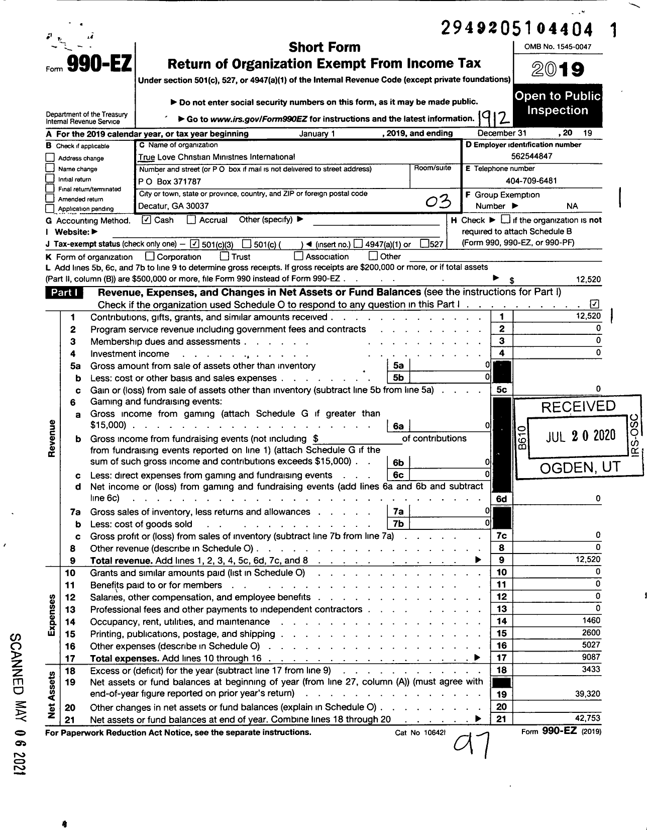 Image of first page of 2019 Form 990EZ for True Love Christian Church International