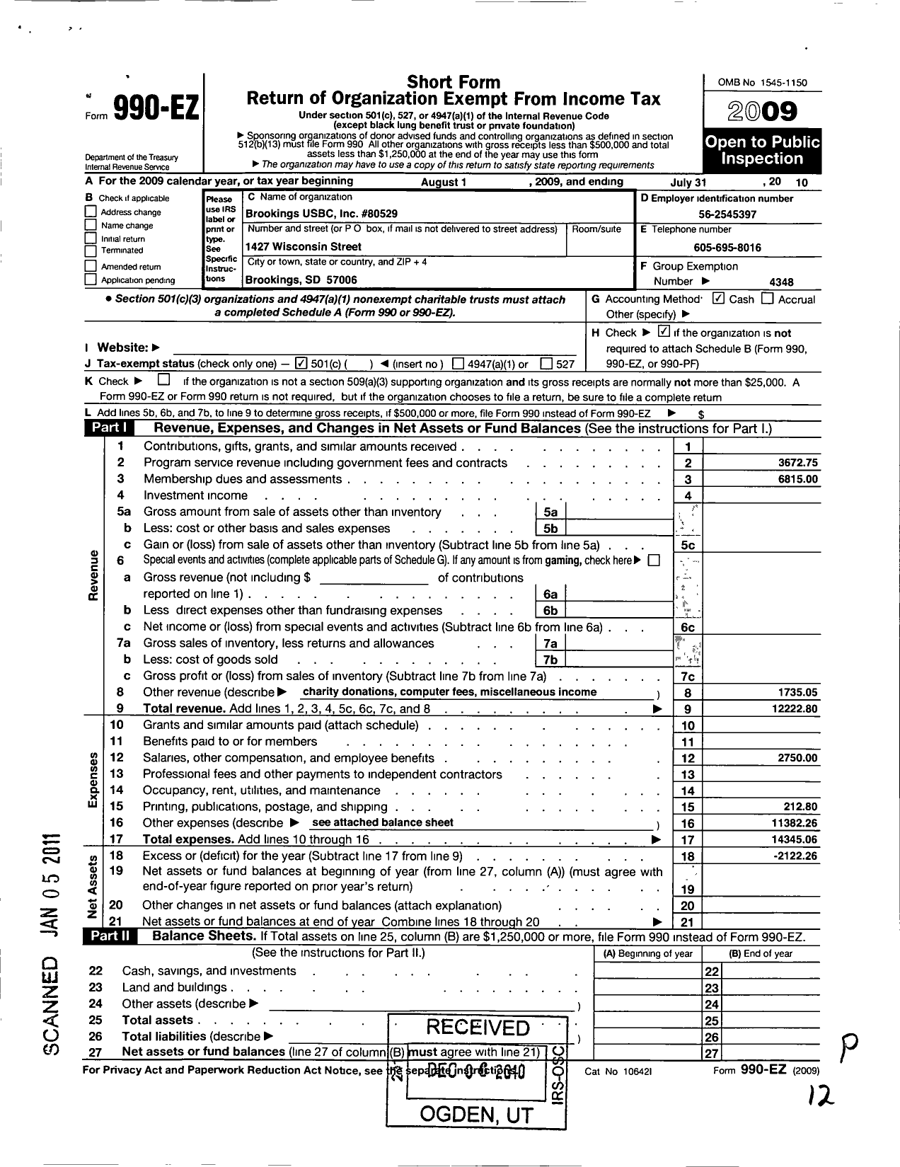 Image of first page of 2009 Form 990EO for United States Bowling Congress - 80529 Brookings Usbc