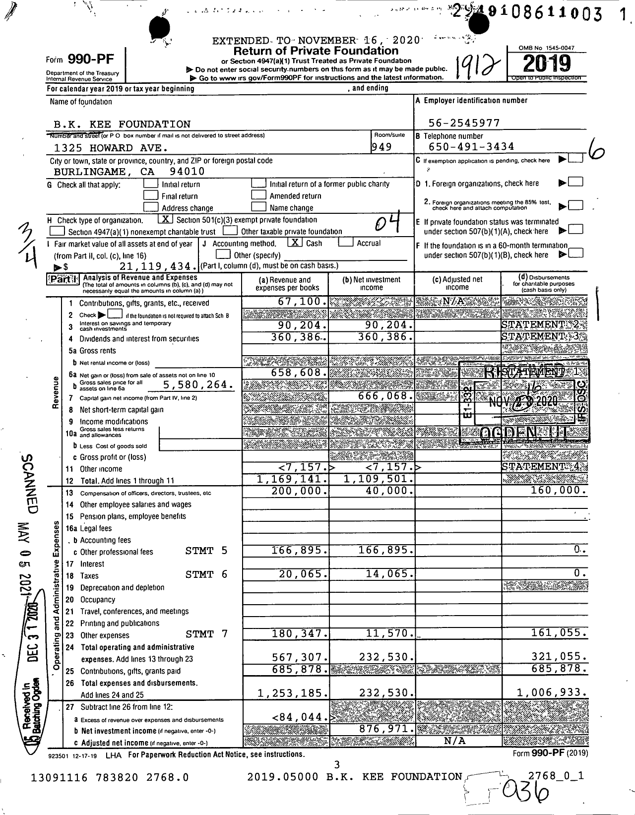 Image of first page of 2019 Form 990PF for BK Kee Foundation