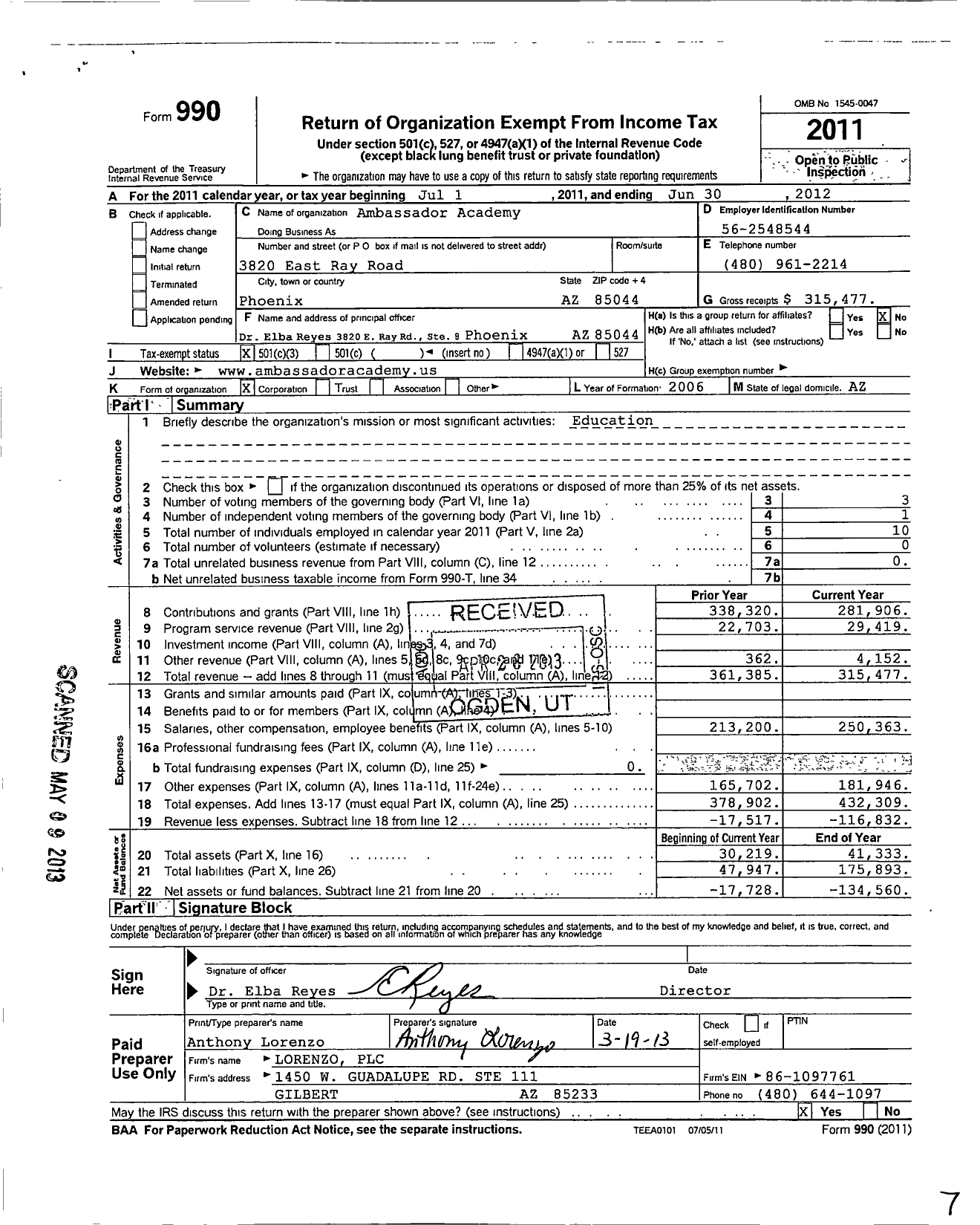 Image of first page of 2011 Form 990 for Ambassador Academy