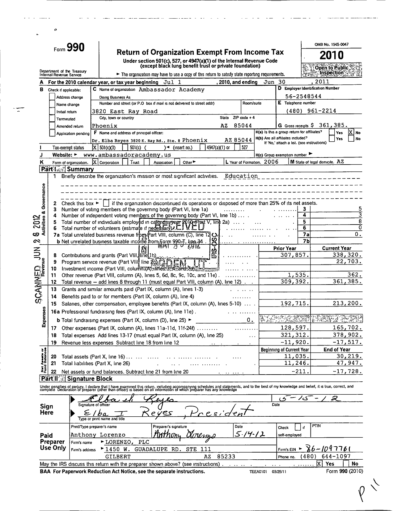 Image of first page of 2010 Form 990 for Ambassador Academy