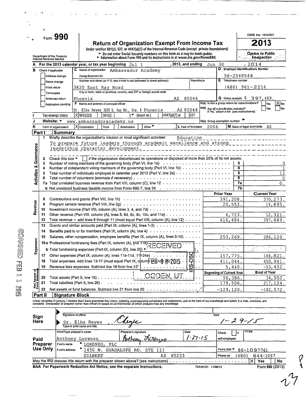 Image of first page of 2013 Form 990 for Ambassador Academy