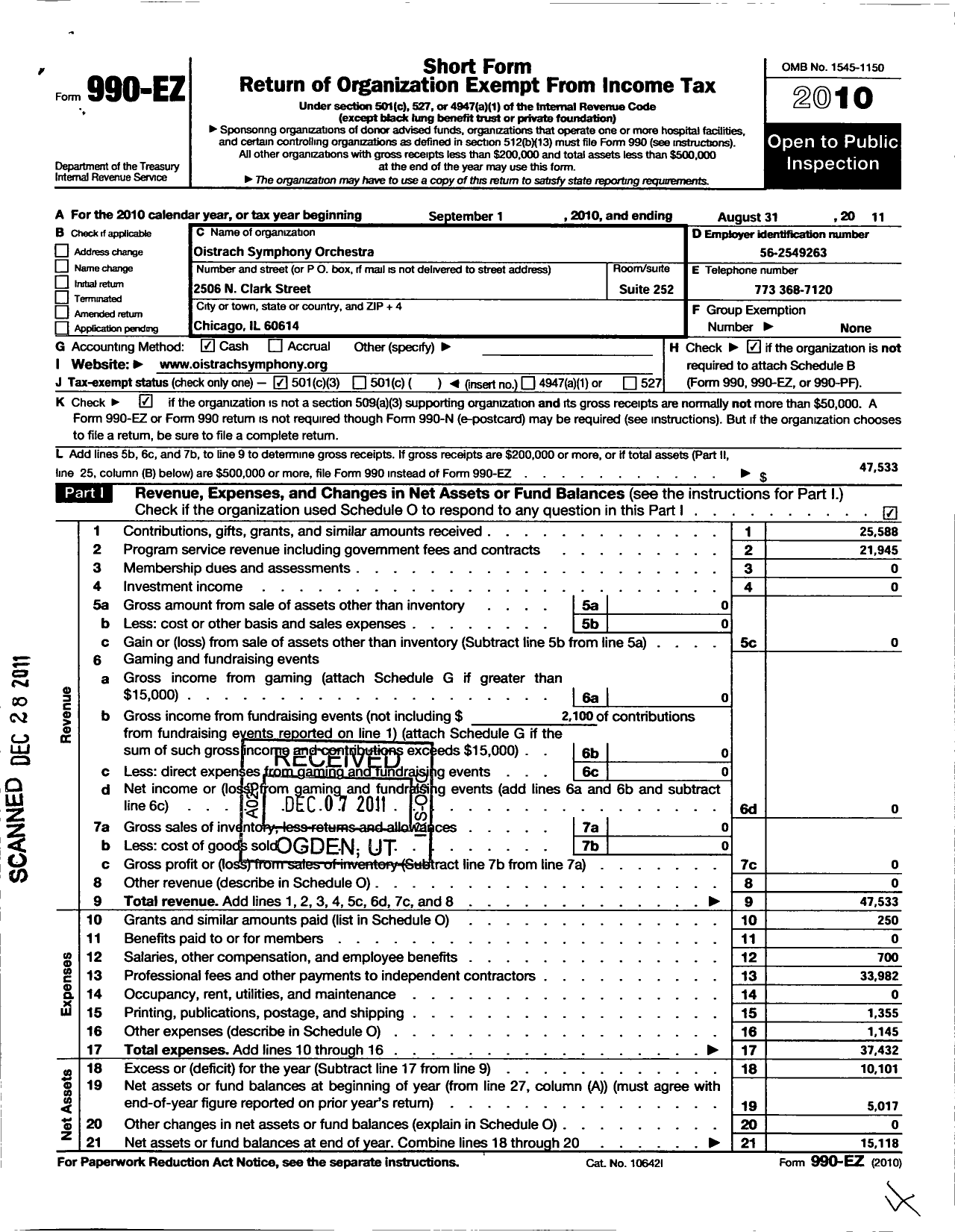 Image of first page of 2010 Form 990EZ for Oistrakh Symphony of Chicago