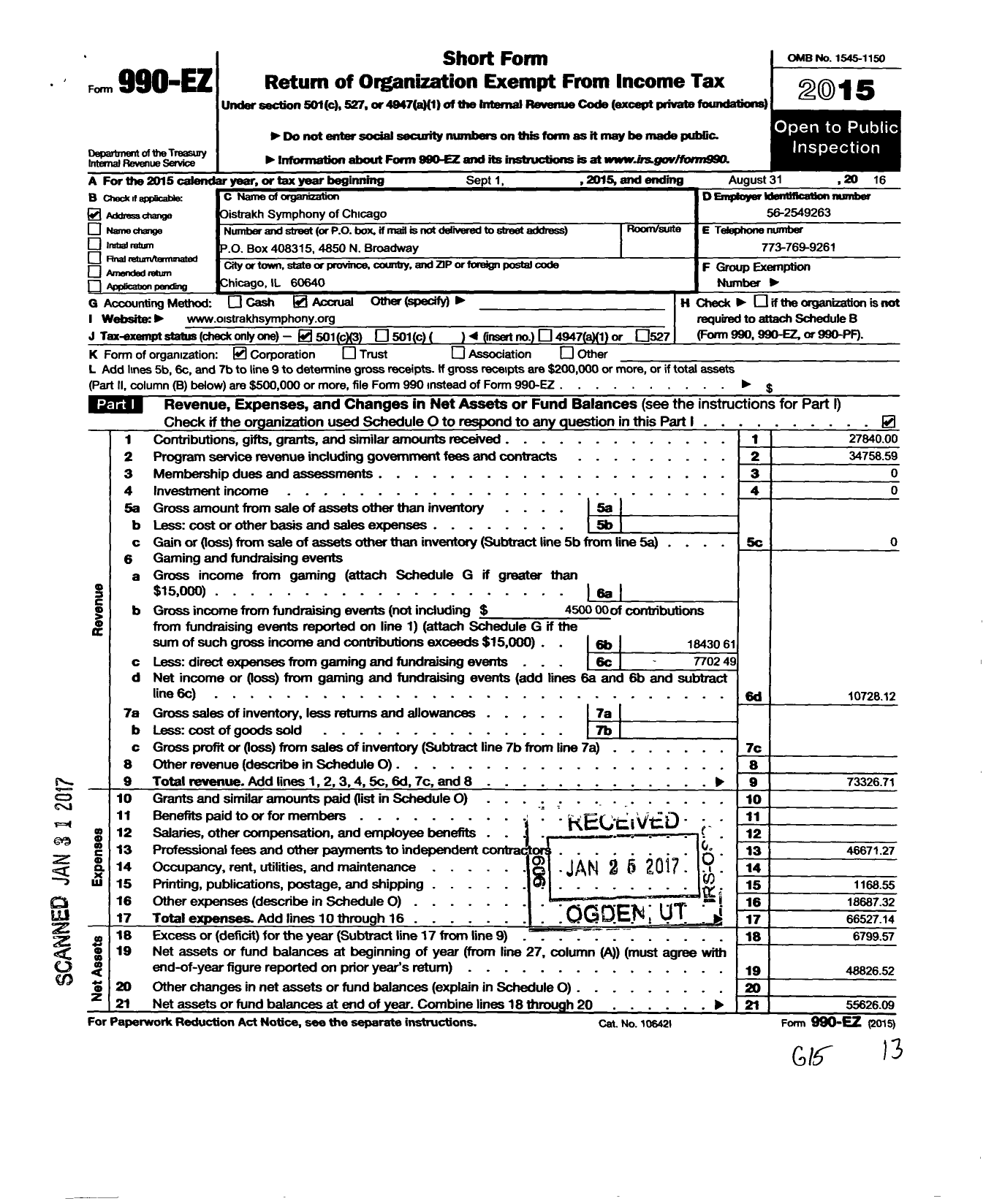 Image of first page of 2015 Form 990EZ for Oistrakh Symphony of Chicago