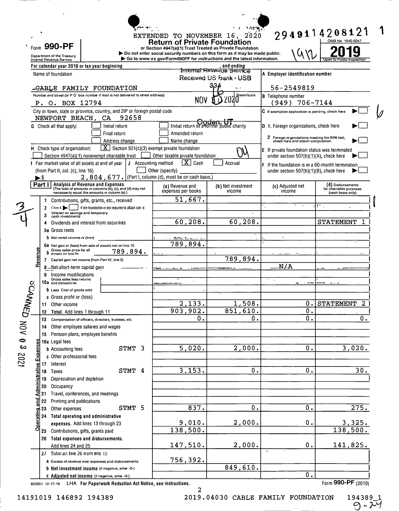 Image of first page of 2019 Form 990PF for Cable Family Foundation