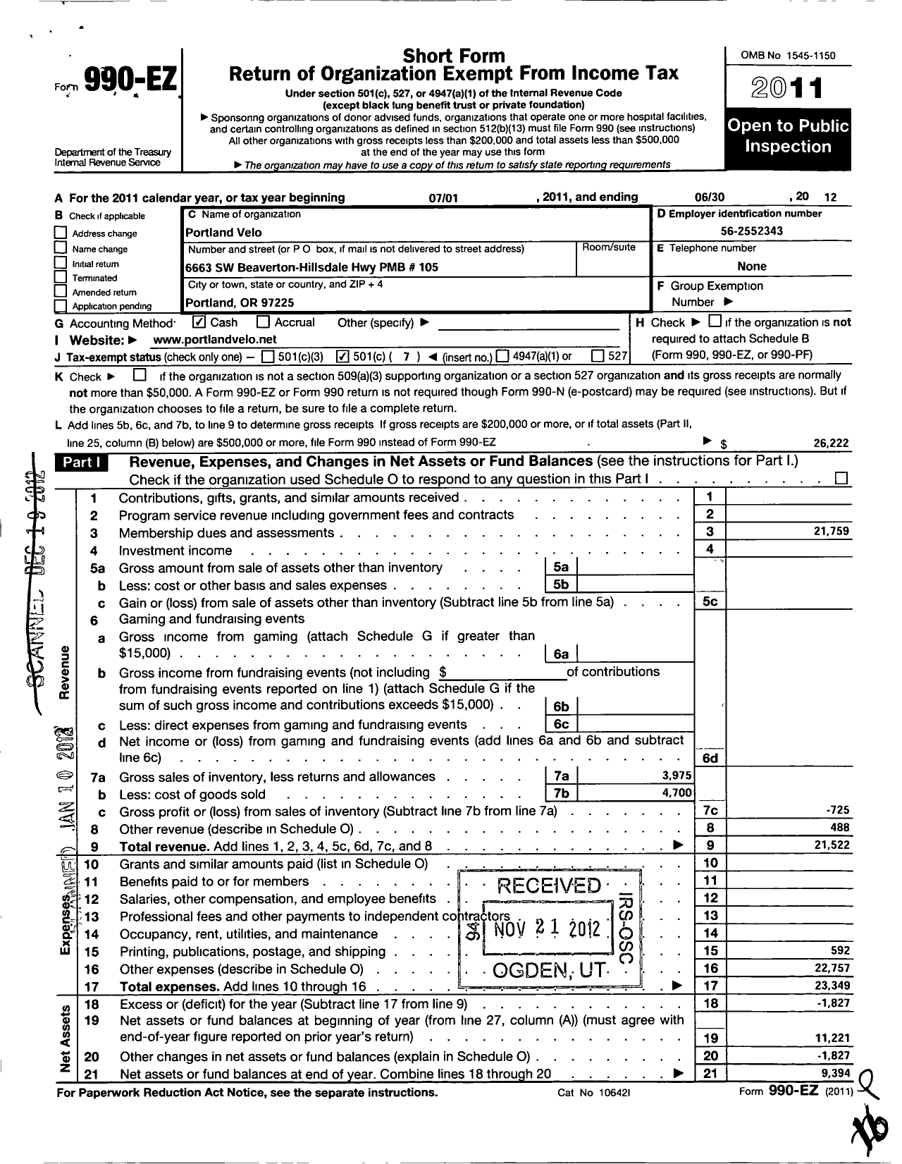 Image of first page of 2011 Form 990EO for Portland Velo