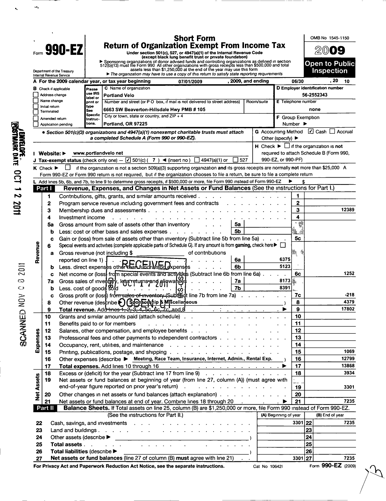 Image of first page of 2009 Form 990EO for Portland Velo