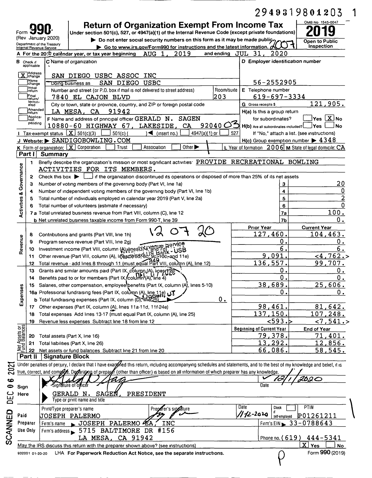 Image of first page of 2019 Form 990 for United States Bowling Congress - San Diego Usbc